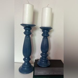 2 Blue Wooden Hand Painted Candle Holder Set Home Decor Rustic Modern Custom Mad
